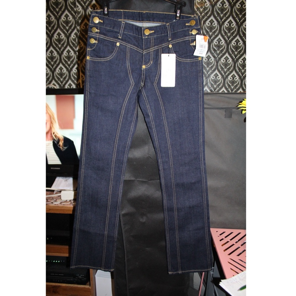 Navy Flare Jeans with Gold Button Accents